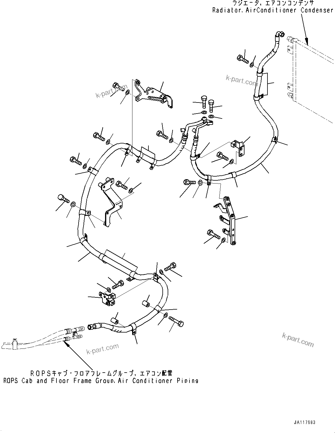Komatsu parts book diagram for WA485-11E0 S/N H35051-UP: AIR CONDITIONER COMPRESSOR, PIPING AND BRACKET