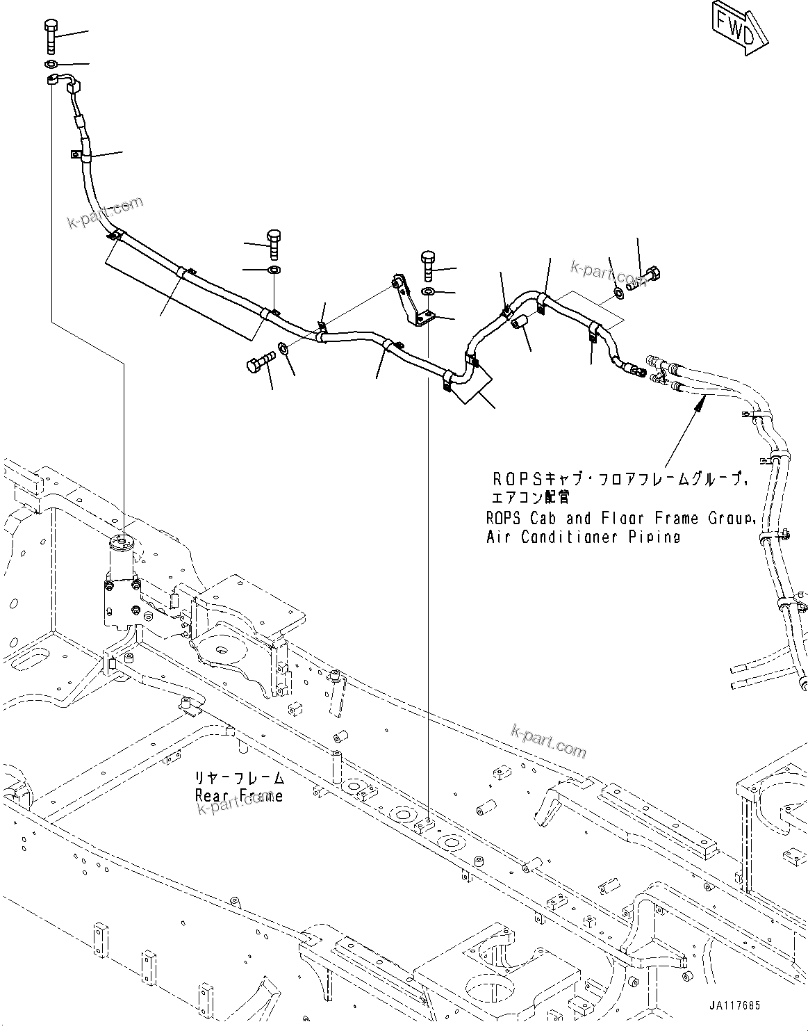 Komatsu parts book diagram for WA485-11E0 S/N H35051-UP: AIR CONDITIONER COMPRESSOR, RECEIVER PIPING