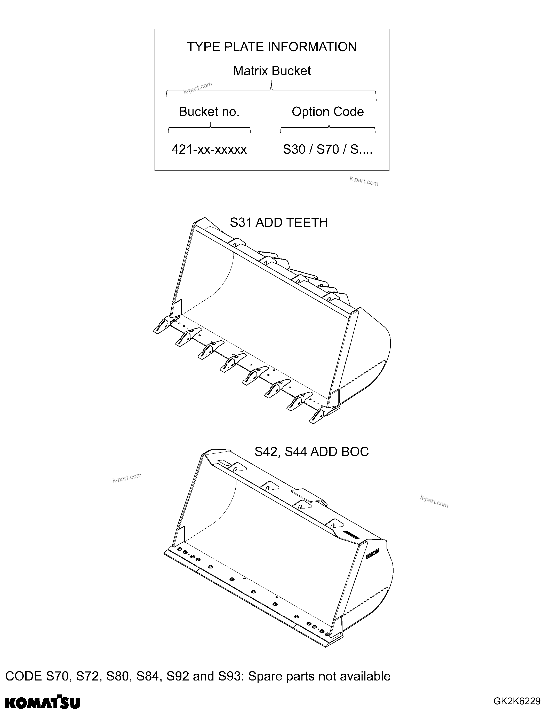 Komatsu parts book diagram for WA485-11E0 S/N H35051-UP: OVERVIEW MATRIX-BUCKETS