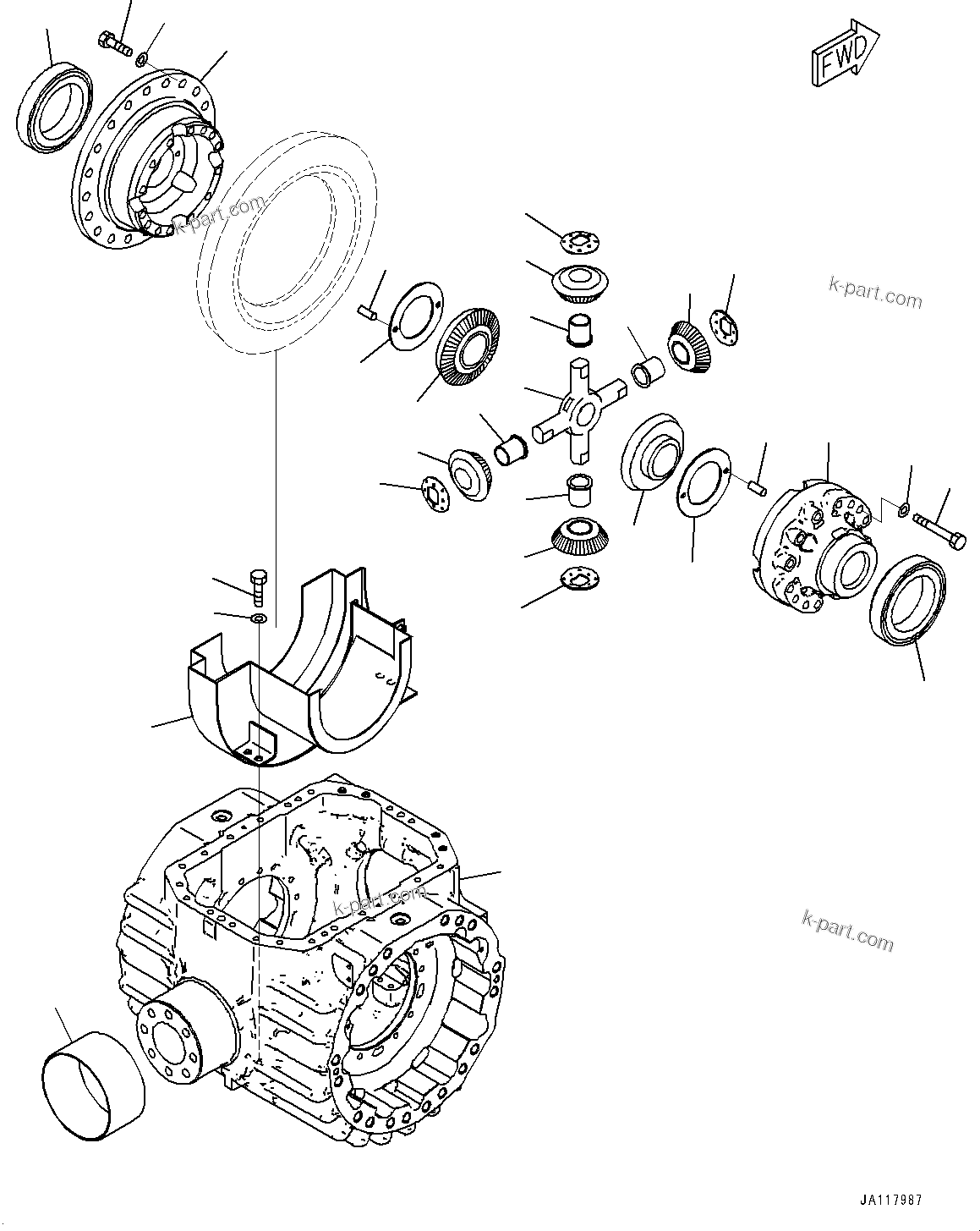 Komatsu parts book diagram for WA475-11E0 S/N H30051-UP: REAR AXLE, WITH REINFORCED TYPE, WITHOUT LIMITED SLIP DIFFERENTIAL, DIFFERENTIAL, CASE AND HOUSING