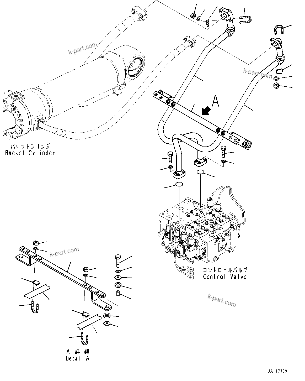 Komatsu parts book diagram for WA475-11E0 S/N H30051-UP: HYDRAULIC PIPING, WITH 3-SPOOL CONTROL VALVE, BUCKET CYLINDER PIPING