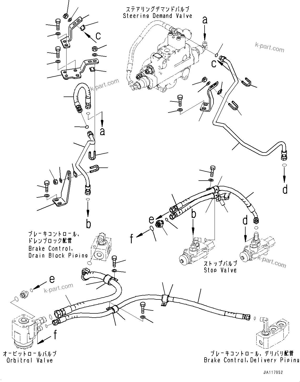 Komatsu parts book diagram for WA475-11E0 S/N H30051-UP: STEERING HYDRAULIC PIPING, WITHOUT AFJS, ORBITROL VALVE PIPING