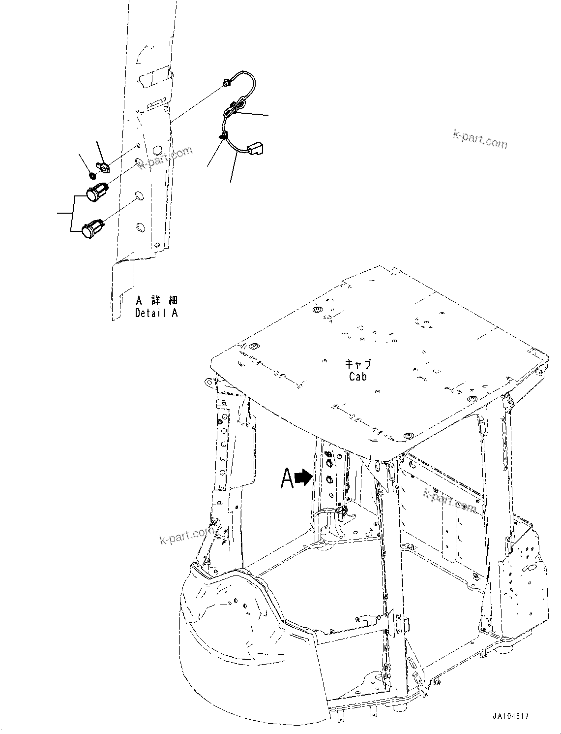 Komatsu parts book diagram for WA475-11E0 S/N H30051-UP: ROPS CAB AND FLOOR FRAME GROUP, WITH AFJS, AUX CABLE