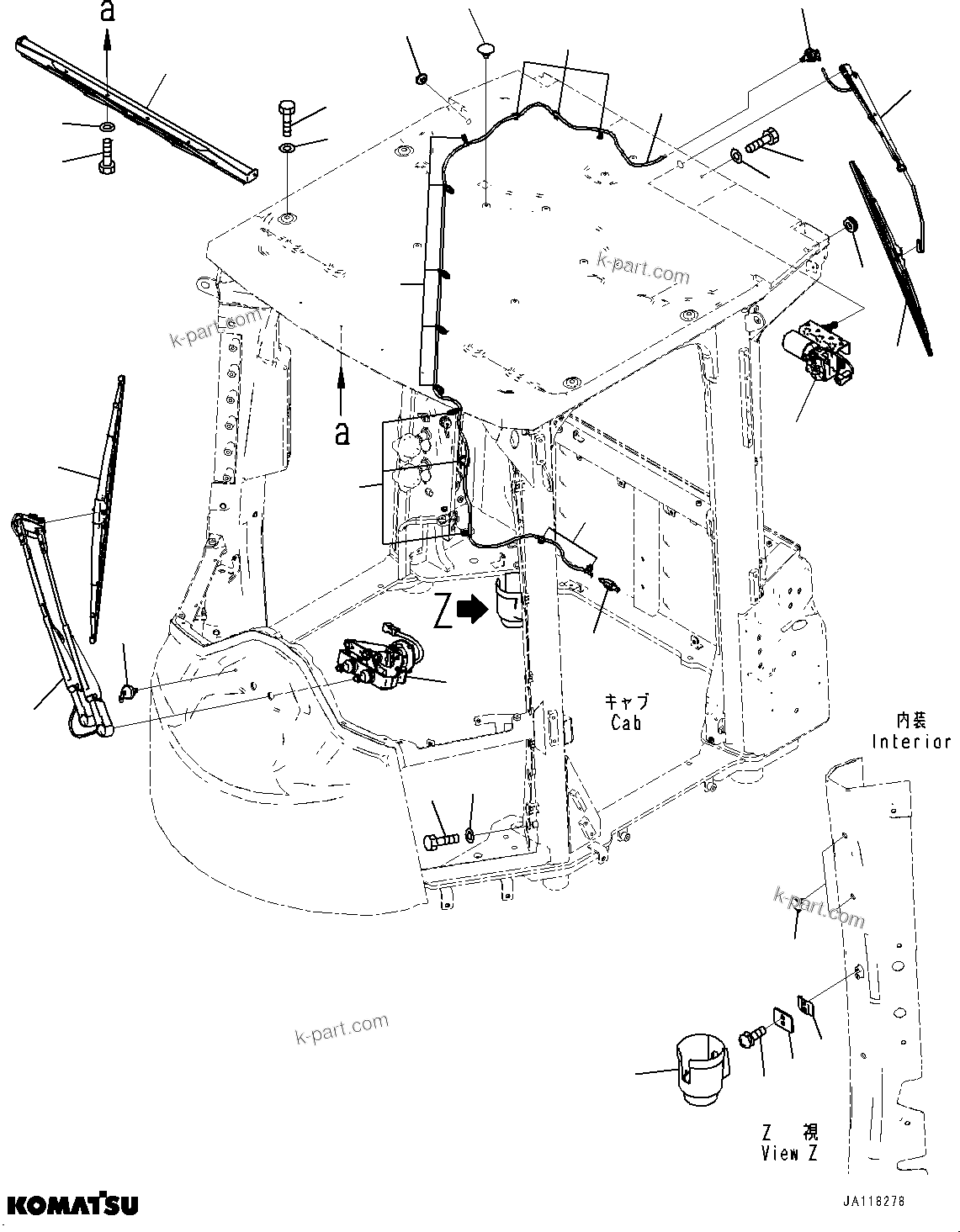 Komatsu parts book diagram for WA475-11E0 S/N H30051-UP: ROPS CAB AND FLOOR FRAME GROUP, WITHOUT AFJS, WIPER