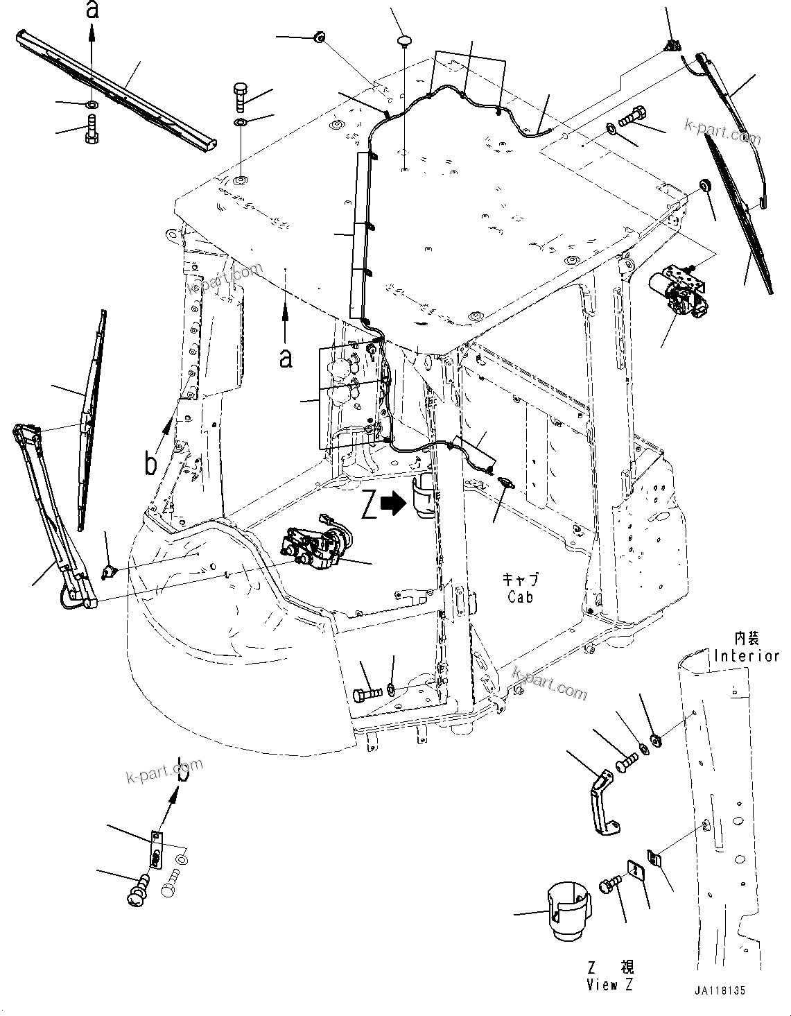 Komatsu parts book diagram for WA475-11E0 S/N H30051-UP: ROPS CAB AND FLOOR FRAME GROUP, WITH AFJS, WIPER