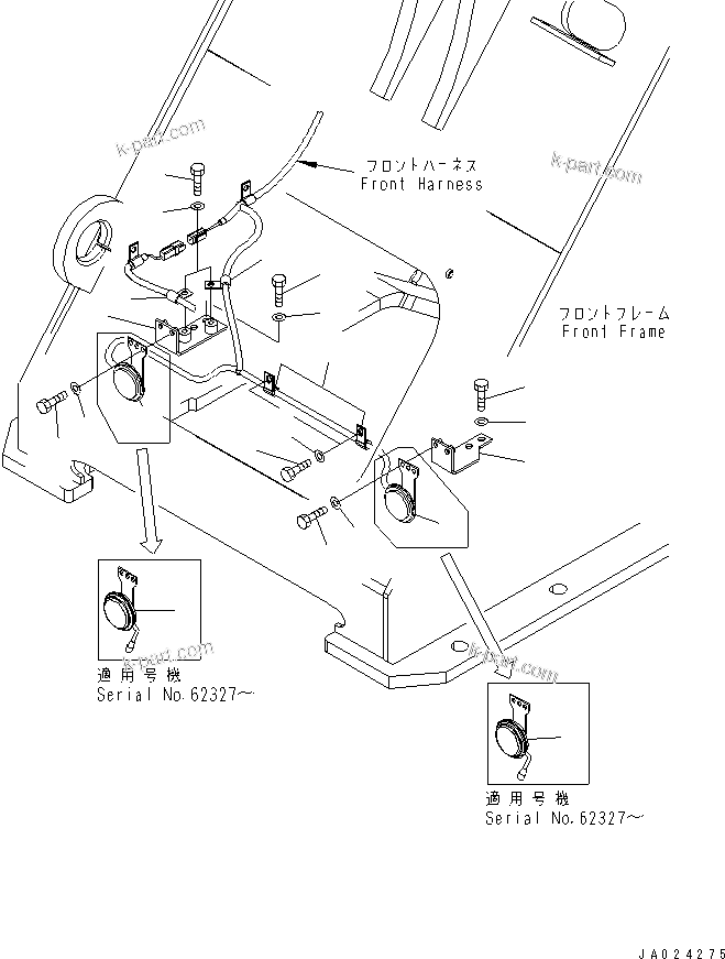 Komatsu parts book diagram for WA320-5 S/N 60001-UP: HORN (FOR EXCEPT JAPAN)