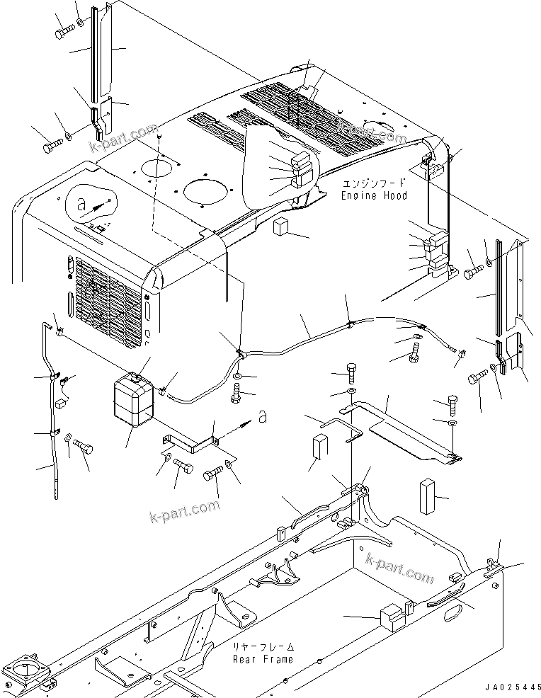 Komatsu parts book diagram for WA320-5 S/N 60001-UP: HOOD (RADIATOR PIPING AND BAFFLE PLATE) (WITH PRE-CLEANER AND OIL FILLER CAP LOCK AND COVER LOCK)(#62357-)