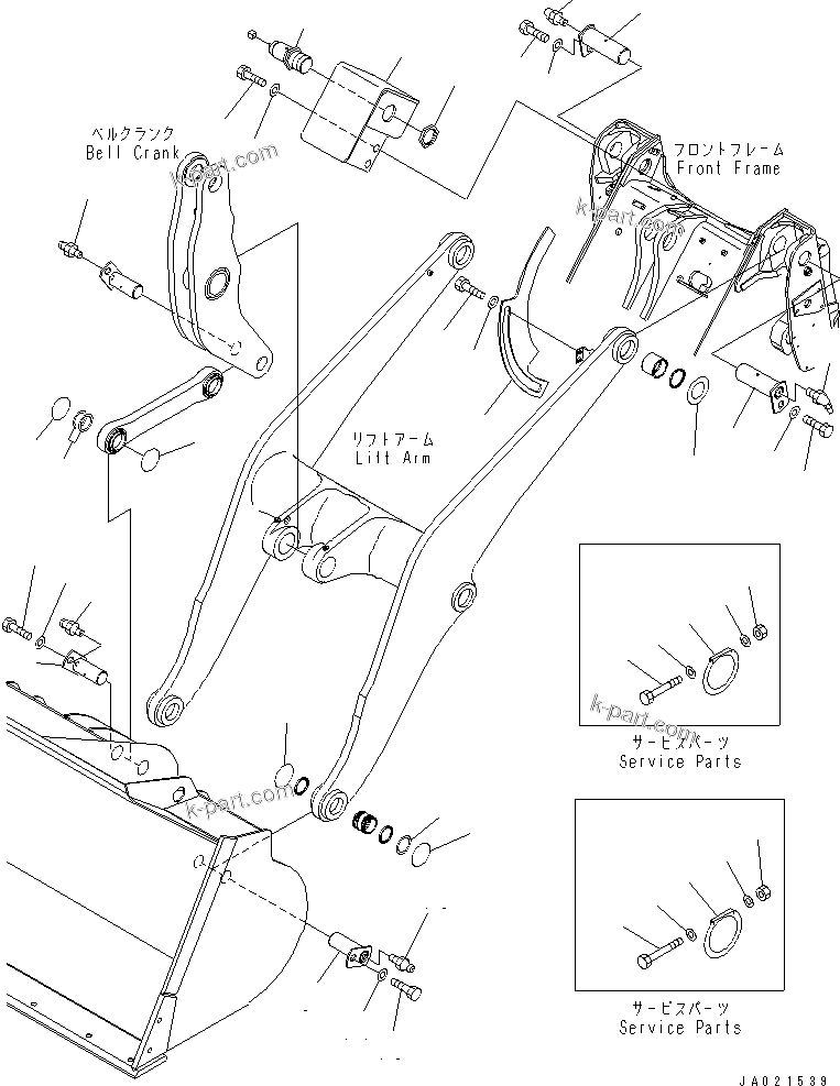 Komatsu parts book diagram for WA320-5 S/N 60001-UP: LIFT ARM AND BELL CRANK (BOOM KICK OUT)(#62021-)