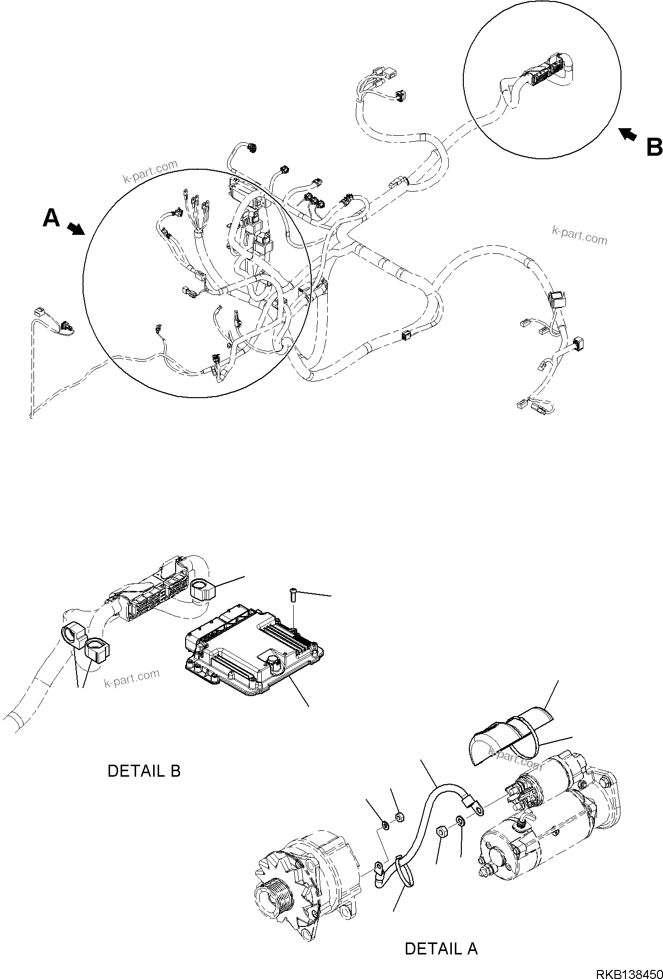 Komatsu parts book diagram for WB97S-8E0 S/N F45003 AND UP: WIRING HARNESS, FRAME HARNESS, FIXING PARTS AND COMPONENTS (3/7)