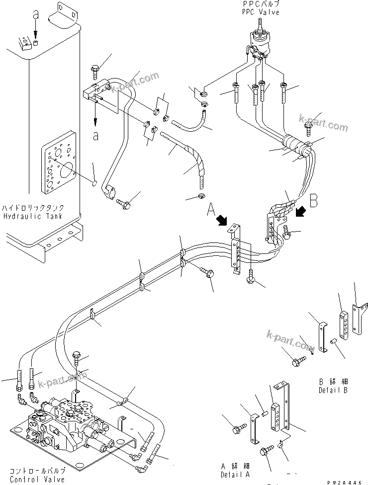 Komatsu parts book diagram for WD500-3 S/N 50001-UP: HYDRAULIC PIPING (P.P.C. VALVE TO CONTROL VALVE AND DRAIN LINE)(#50001-50002)