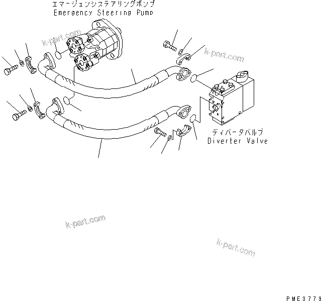 Komatsu parts book diagram for WD500-3 S/N 50001-UP: STEERING HYDRAULIC LINE (PUMP TO VALVE LINE) (WITH EMERGENCY STEERING)