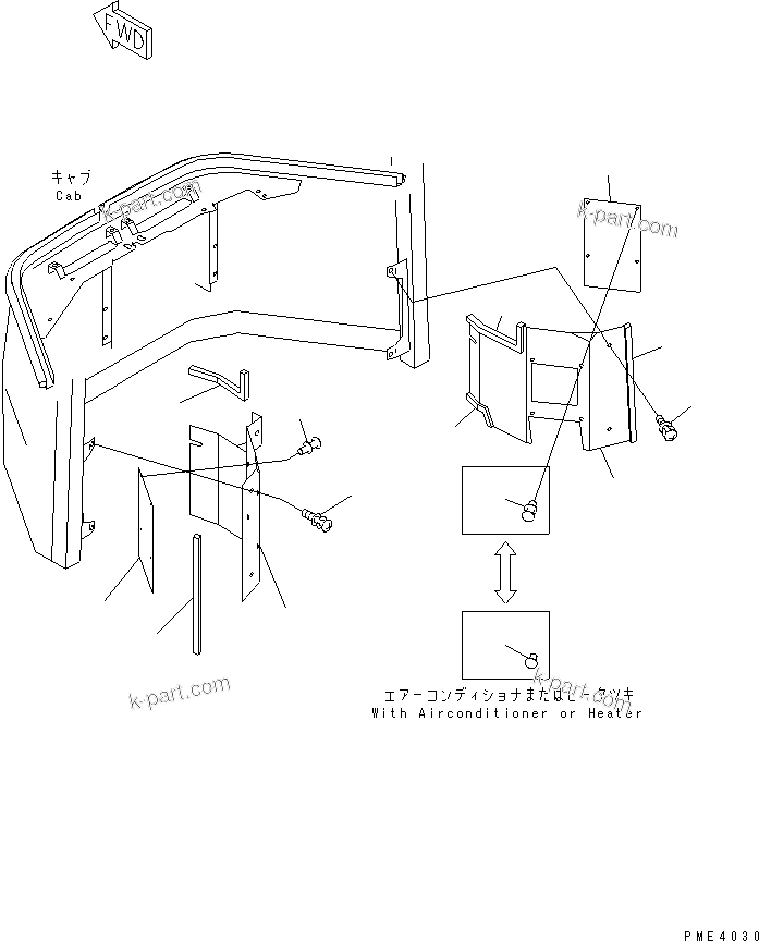 Komatsu parts book diagram for WD500-3 S/N 50001-UP: OPERATOR'S CAB (LOWER COVER ? FRONT)