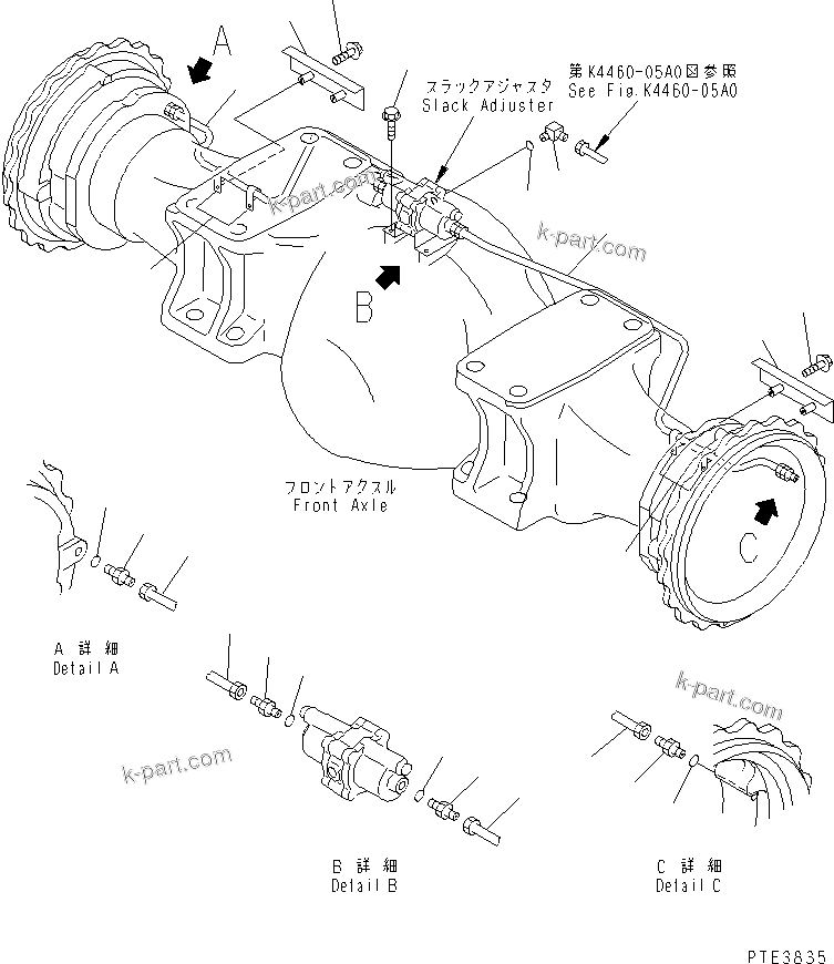 Komatsu parts book diagram for WD500-3 S/N 50001-UP: BRAKE PIPING (FRONT AXLE LINE)
