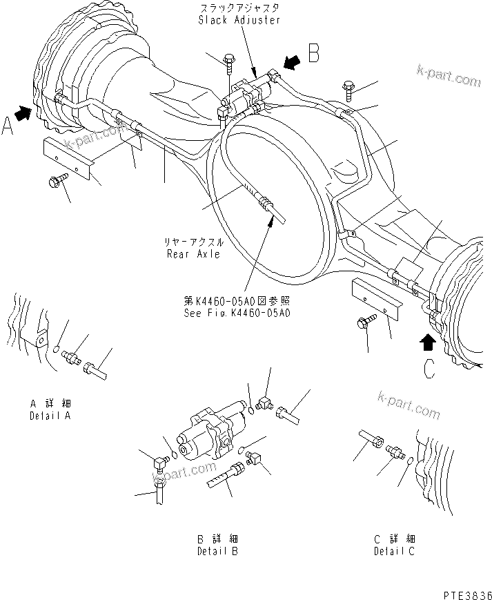 Komatsu parts book diagram for WD500-3 S/N 50001-UP: BRAKE PIPING (REAR AXLE LINE)