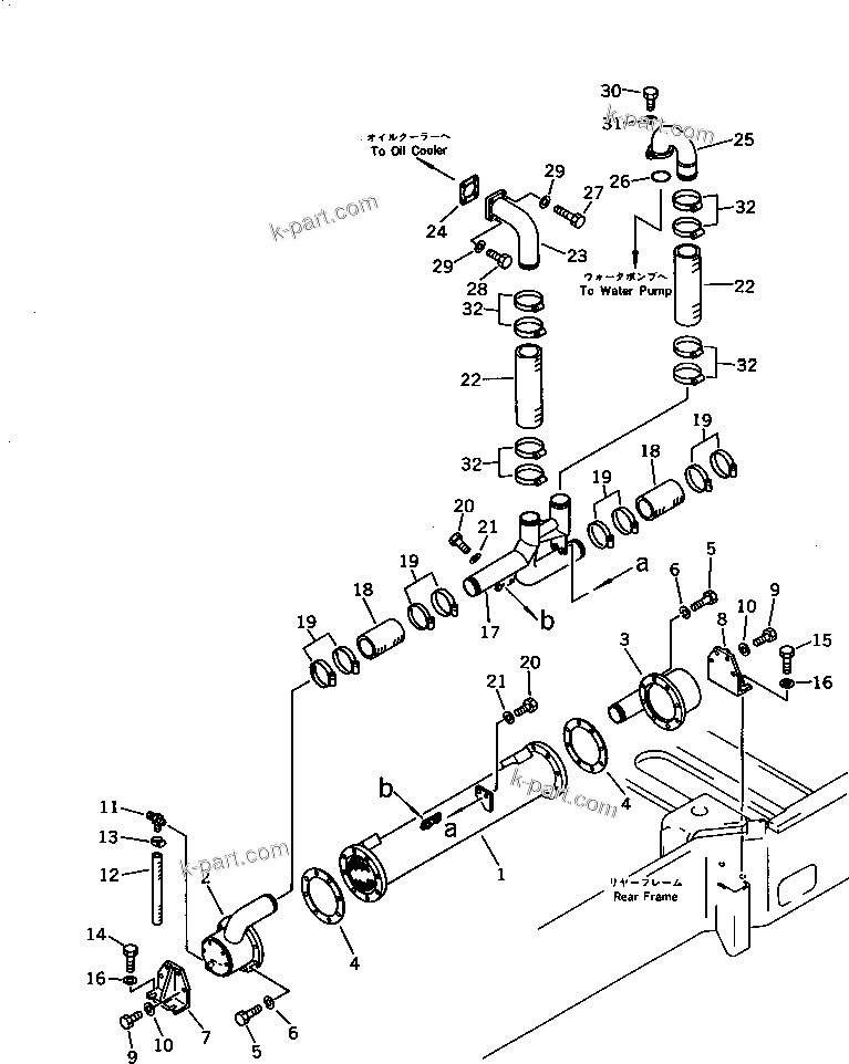 Komatsu parts book diagram for WD600-1 S/N 10001-UP: OIL COOLER AND WATER PIPING