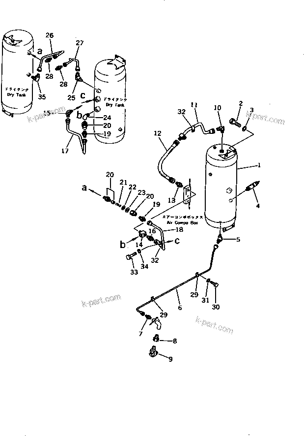Komatsu parts book diagram for WD600-1 S/N 10001-UP: AIR PIPING (WET TANK TO DRY TANK)