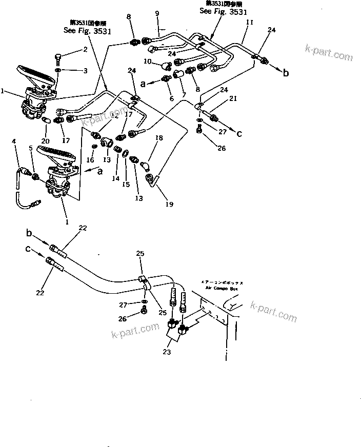 Komatsu parts book diagram for WD600-1 S/N 10001-UP: AIR PIPING (TREADLE VALVE)