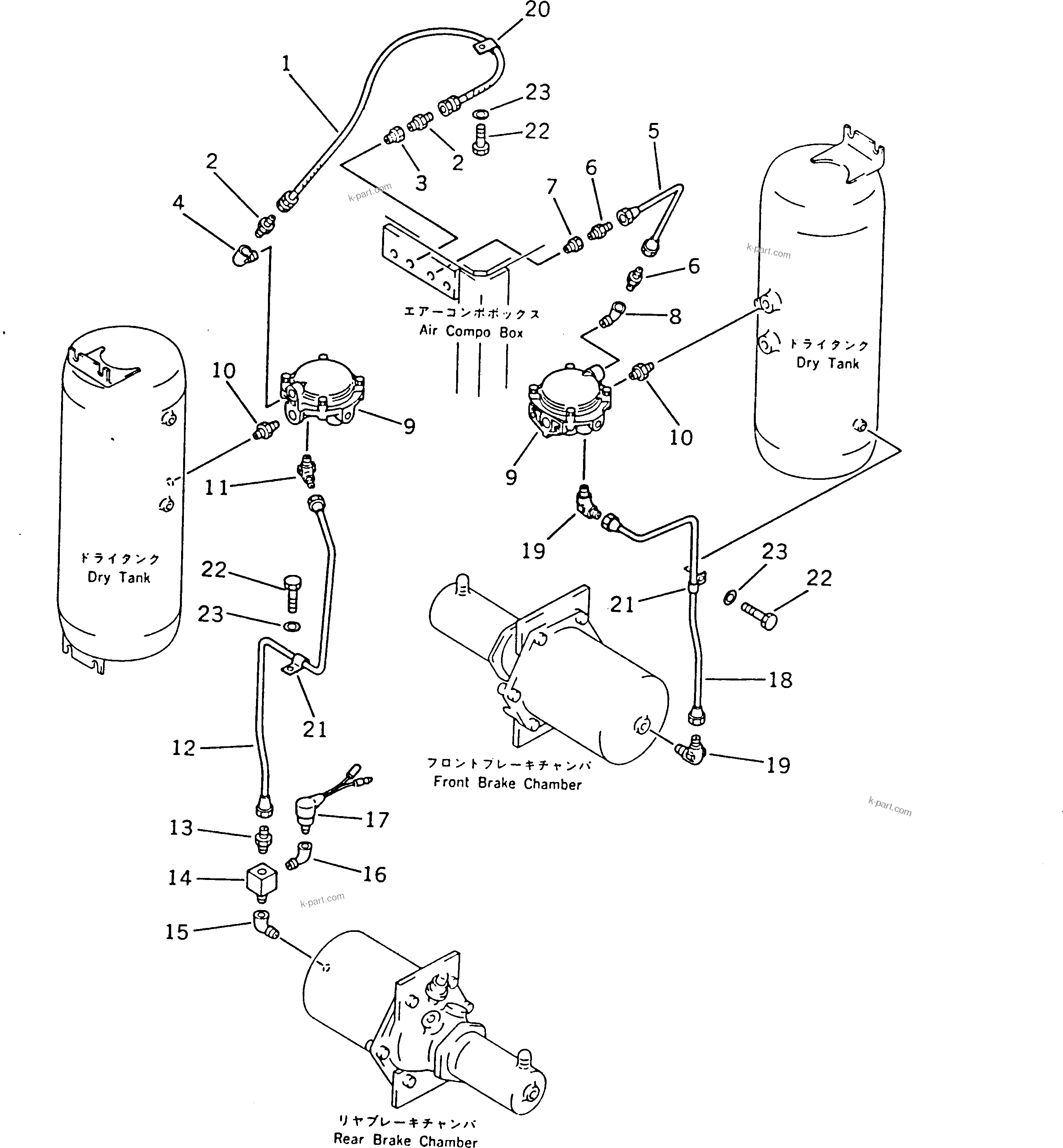 Komatsu parts book diagram for WD600-1 S/N 10001-UP: AIR PIPING (TREADLE VALVE TO CHAMBER) (2/2)