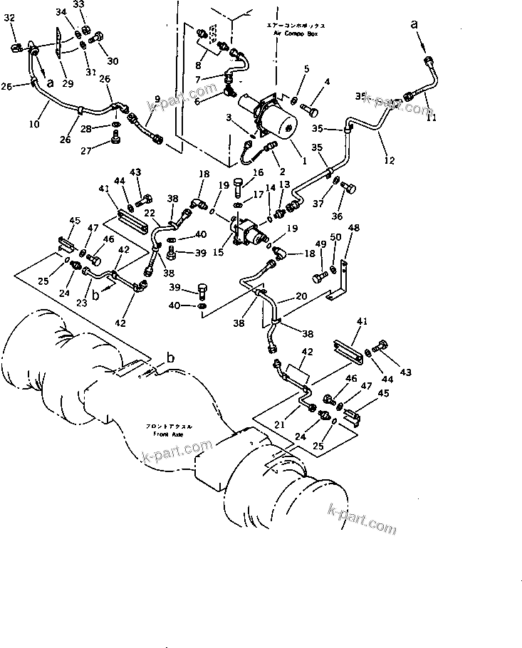 Komatsu parts book diagram for WD600-1 S/N 10001-UP: BRAKE OIL PIPING (CHAMBER TO FRONT WHEEL BRAKE)