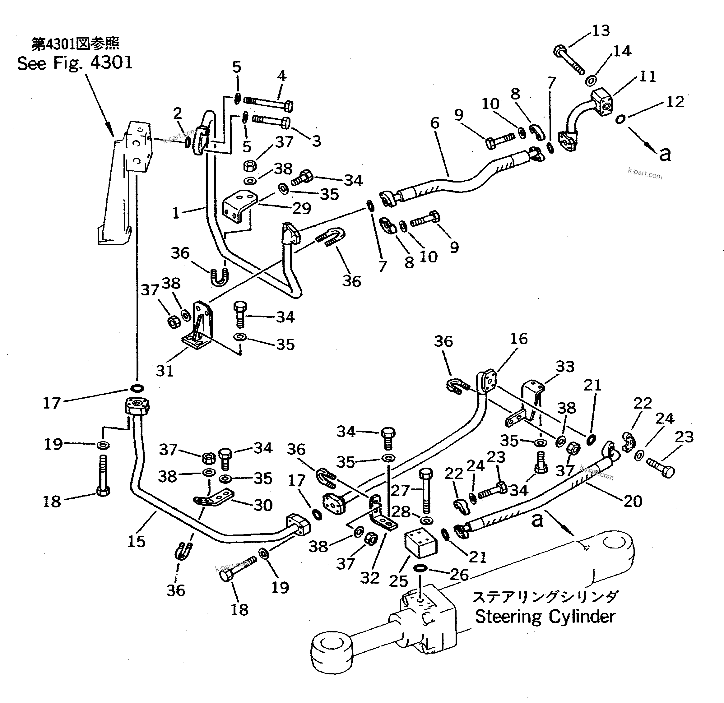 Komatsu parts book diagram for WD600-1 S/N 10001-UP: STEERING OIL PIPING (L.H. STEERING CYLINDER LINE)