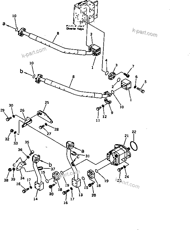 Komatsu parts book diagram for WD600-1 S/N 10001-UP: EMERGENCY STEERING PIPING (DIVERTER VALVE TO PUMP)