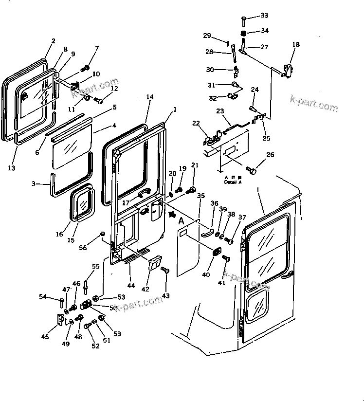 Komatsu parts book diagram for WD600-1 S/N 10001-UP: OPERATOR'S CAB (5/7) (DOOR)