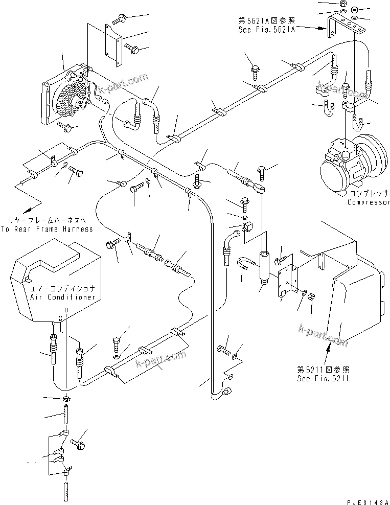 Komatsu parts book diagram for WD600-1 S/N 10001-UP: AIR CONDITIONER (NIPPON DENSO) (3/4) (AIR PIPING) (R134A)(#.-)