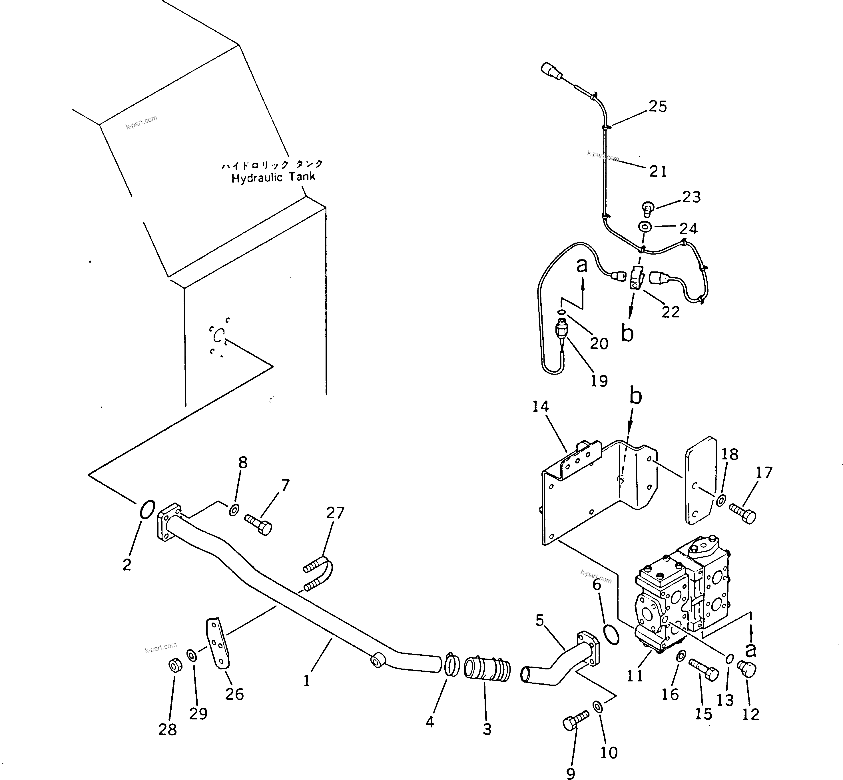 Komatsu parts book diagram for WD600-1H S/N 10001-UP (For Canada / -50cent. Spec.): EMERGENCY STEERING PIPING (1/3)