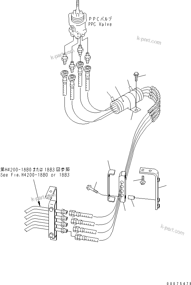 Komatsu parts book diagram for WD600-3 S/N 50001-UP: HYDRAULIC LINE (P.P.C. VALVE TO CONTROL VALVE ? 1/2) (MOUNTING PART) (-40ЯC SPEC.)(#50093-)