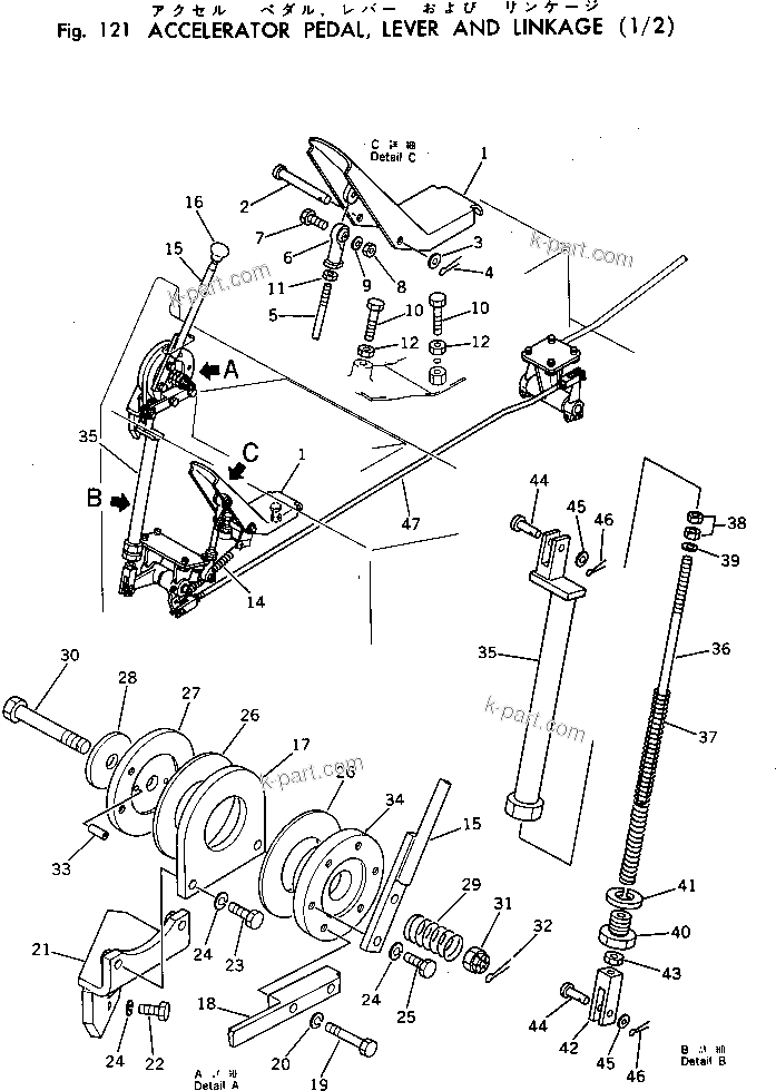 Komatsu parts book diagram for WF22A-2 S/N 1011-UP: ACCELERATOR PEDAL ? LEVER AND LINKAGE (1/2)