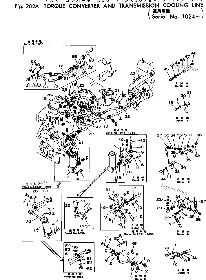 Komatsu parts book diagram for WF22A-2 S/N 1011-UP: TORQUE CONVERTER AND TRANSMISSION COOLING LINE(#1024-)