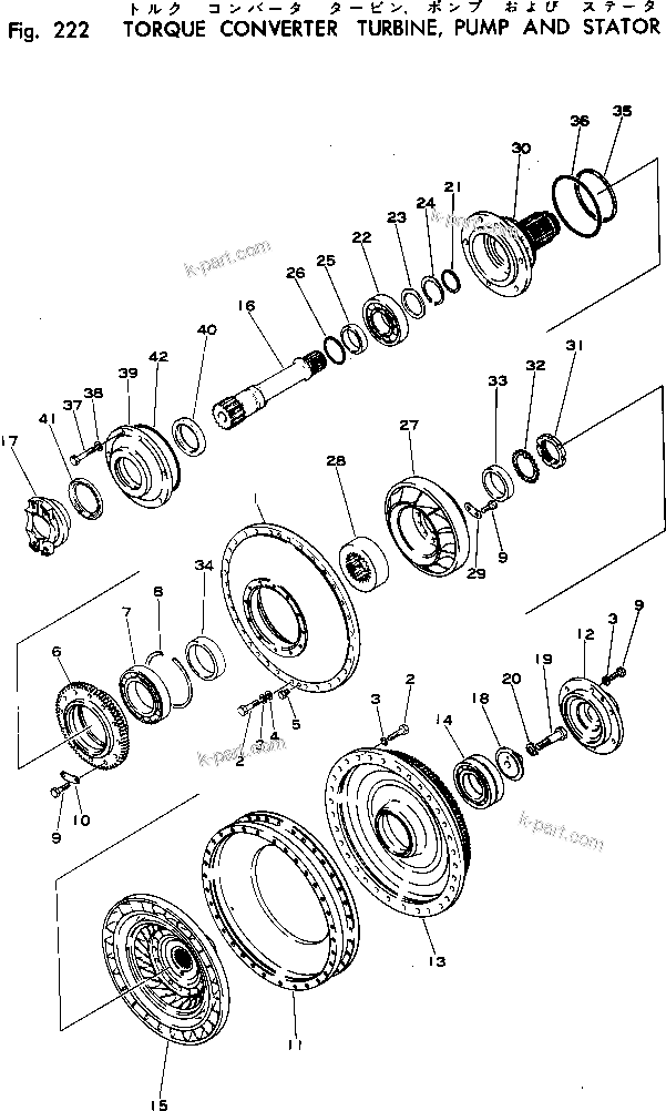 Komatsu parts book diagram for WF22A-2 S/N 1011-UP: TORQUE CONVERTER TURBINE ? PUMP AND STATOR
