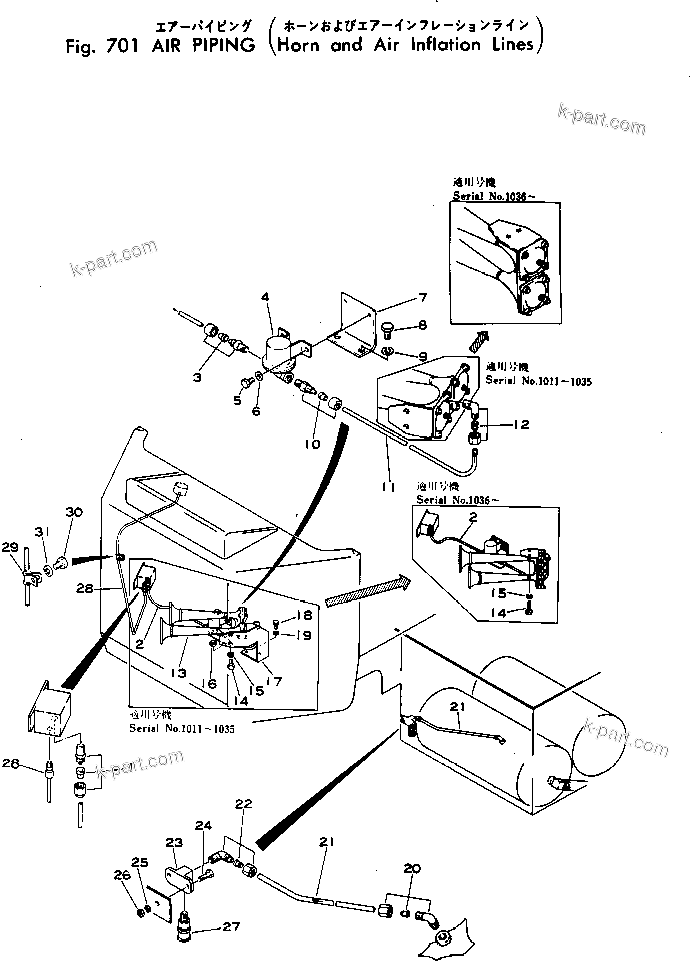 Komatsu parts book diagram for WF22A-2 S/N 1011-UP: AIR PIPING (HORN AND AIR INFLATION LINE)