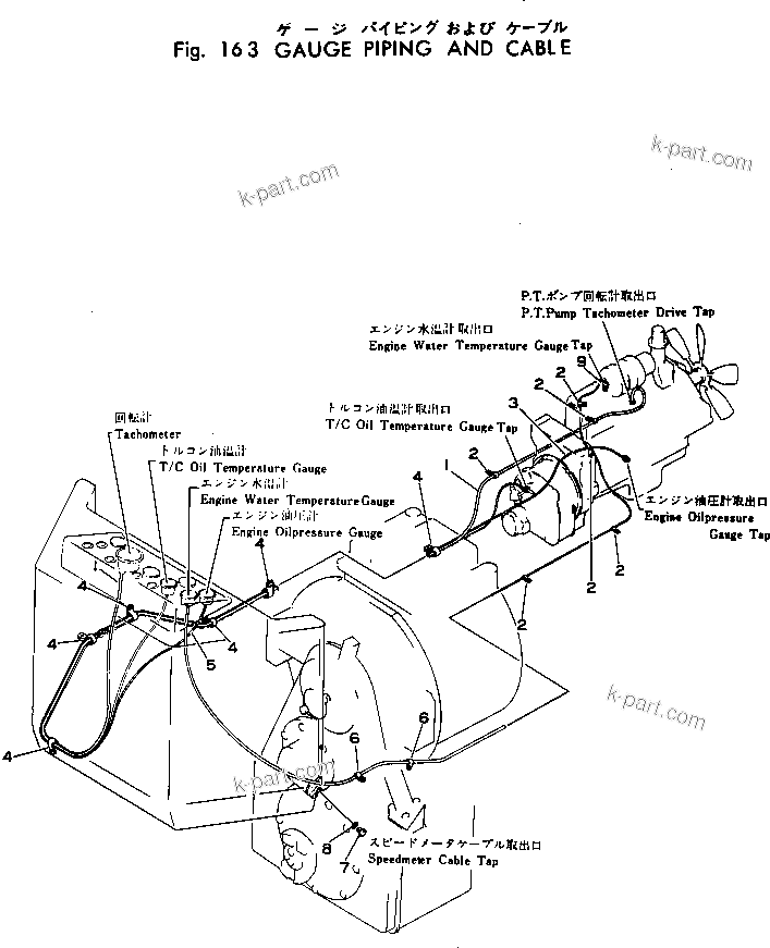 Komatsu parts book diagram for WF22T-2 S/N 1011-UP: GAUGE PIPING AND CABLE