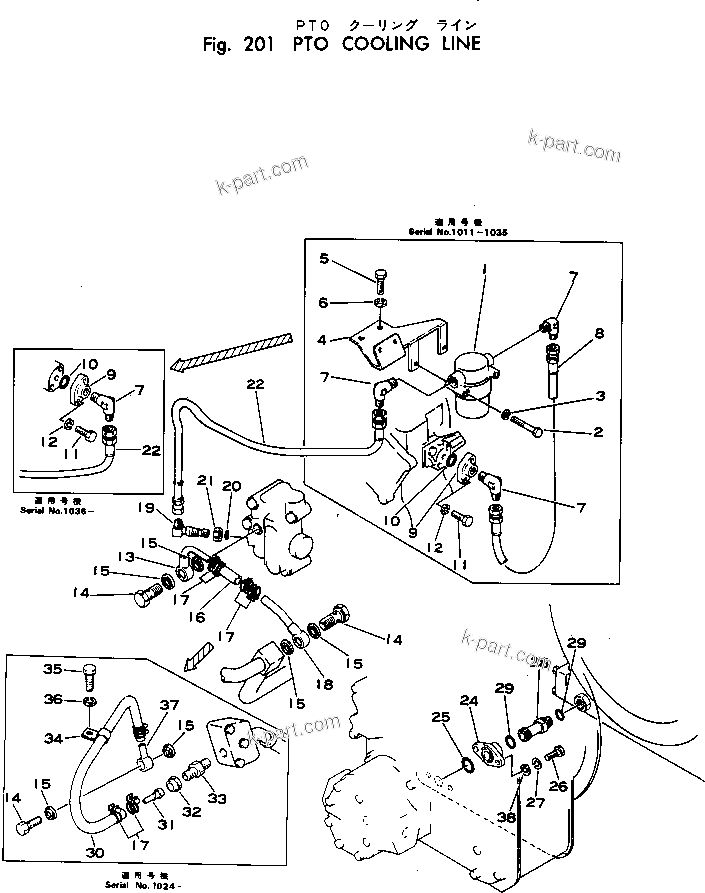 Komatsu parts book diagram for WF22T-2 S/N 1011-UP: PTO COOLING LINE