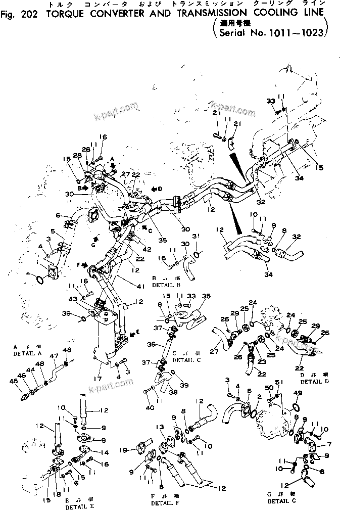 Komatsu parts book diagram for WF22T-2 S/N 1011-UP: TORQUE CONVERTER AND TRANSMISSION COOLING LINE(#1011-1023)