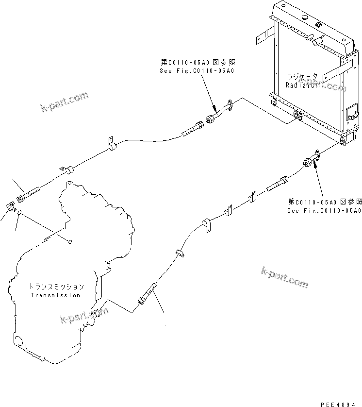 Komatsu parts book diagram for WF450-3 S/N 54001-UP: TORQUE CONVERTER AND TRANSMISSION (OIL COOLER HOSE PIPING)