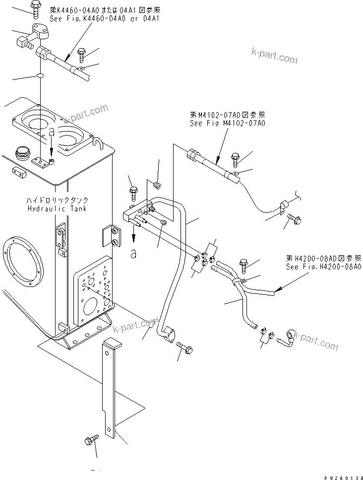 Komatsu parts book diagram for WF450-3 S/N 54001-UP: HYDRAULIC TANK (P.P.C VALVE AND BRAKE VALVE DRAIN LINE)