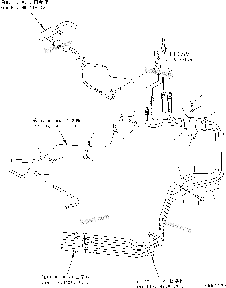 Komatsu parts book diagram for WF450-3 S/N 54001-UP: HYDRAULIC PIPING (P.P.C. VALVE LINE AND DRAIN LINE MOUNTING)