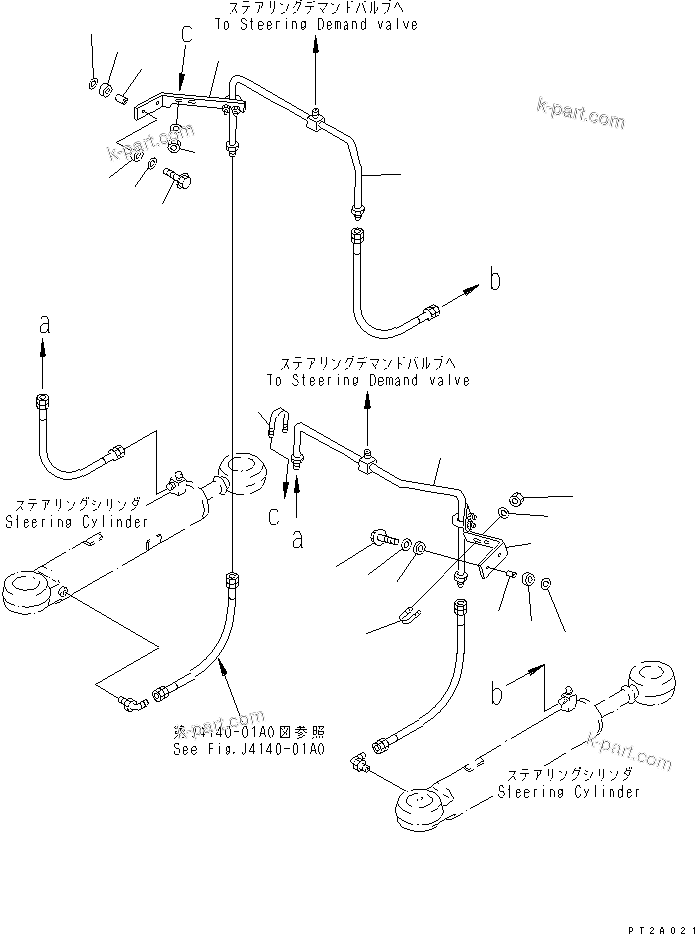 Komatsu parts book diagram for WF450-3 S/N 54001-UP: STEERING HYDRAULIC LINE (STEERING CYLINDER LINE MOUNTING)