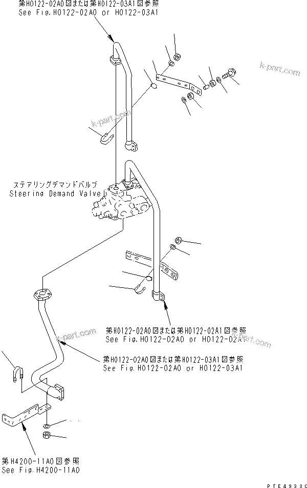 Komatsu parts book diagram for WF450-3 S/N 54001-UP: STEERING HYDRAULIC LINE (STEERING VALVE LINE MOUNTING)