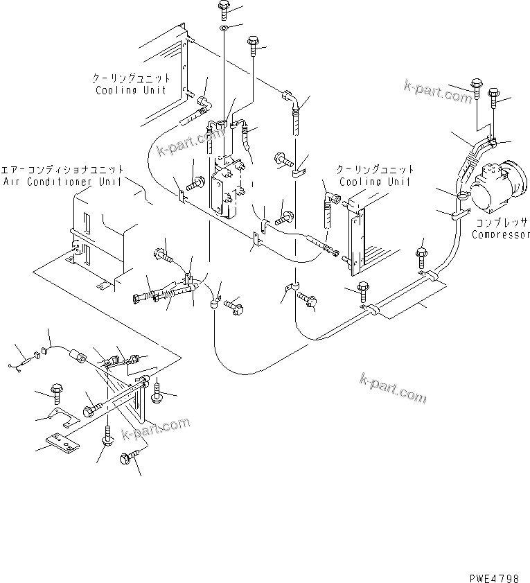 Komatsu parts book diagram for WF450-3 S/N 54001-UP: AIR CONDITIONER MOUNTING AND PIPING (AIR COMPRESSOR PIPING)
