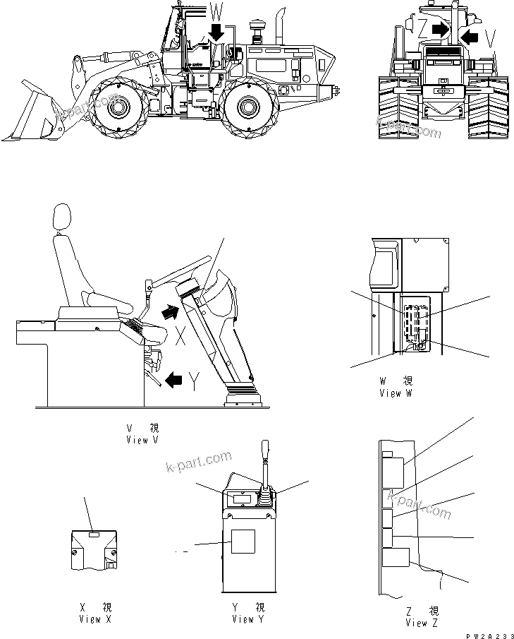 Komatsu parts book diagram for WF450-3 S/N 54001-UP: MARKS AND PLATES (CAB INSIDE)