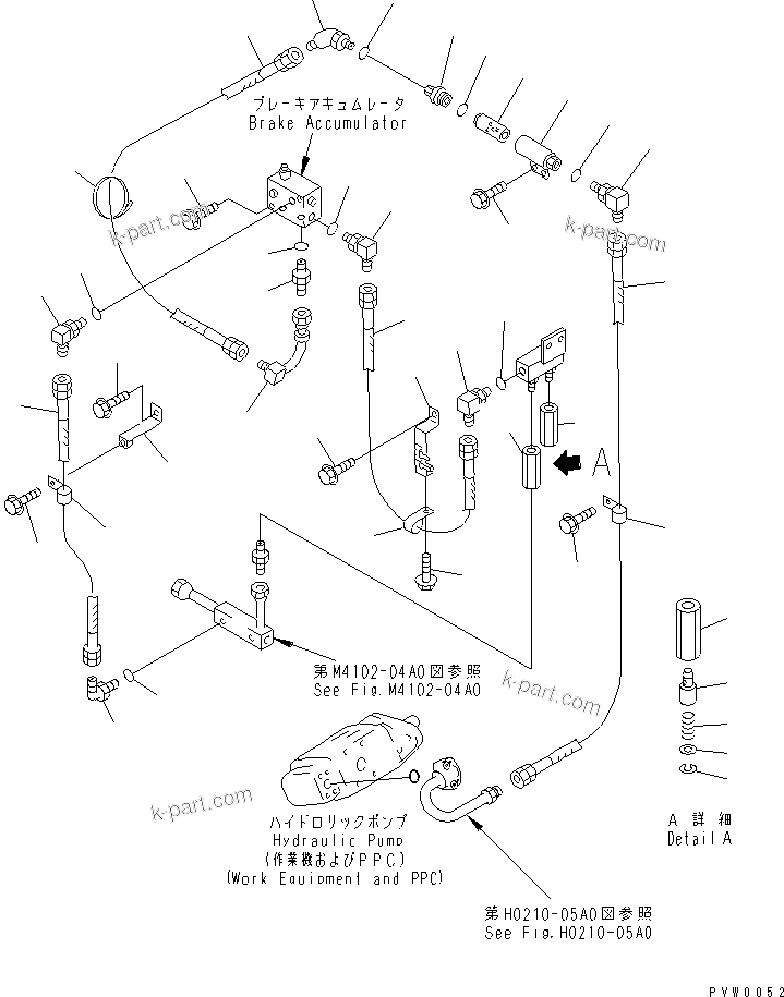 Komatsu parts book diagram for WF450-3 S/N 54001-UP: BULKHEAD (P.P.C. PUMP TO ACCUMULATOR CHARGE VALVE PIPING)