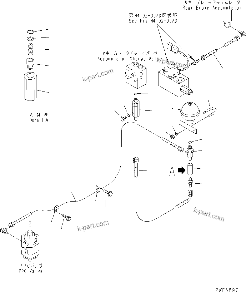 Komatsu parts book diagram for WF450-3 S/N 54001-UP: BULKHEAD (ACCUMULATOR CHARGE VALVE TO P.P.C. VALVE PIPING)