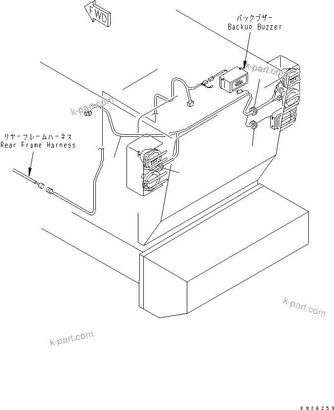 Komatsu parts book diagram for WF450-3 S/N 54001-UP: RADIATOR GUARD (REAR WORK LAMP AND HARNESS)(#54001-54099)