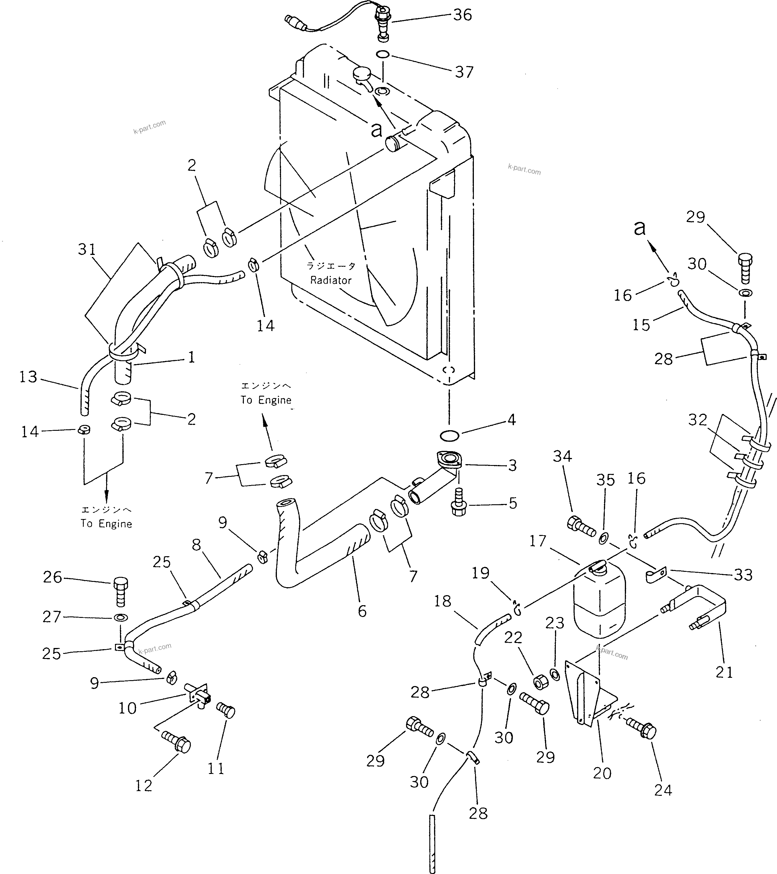 Komatsu parts book diagram for WF450T-1 S/N 10001-UP: RADIATOR PIPING