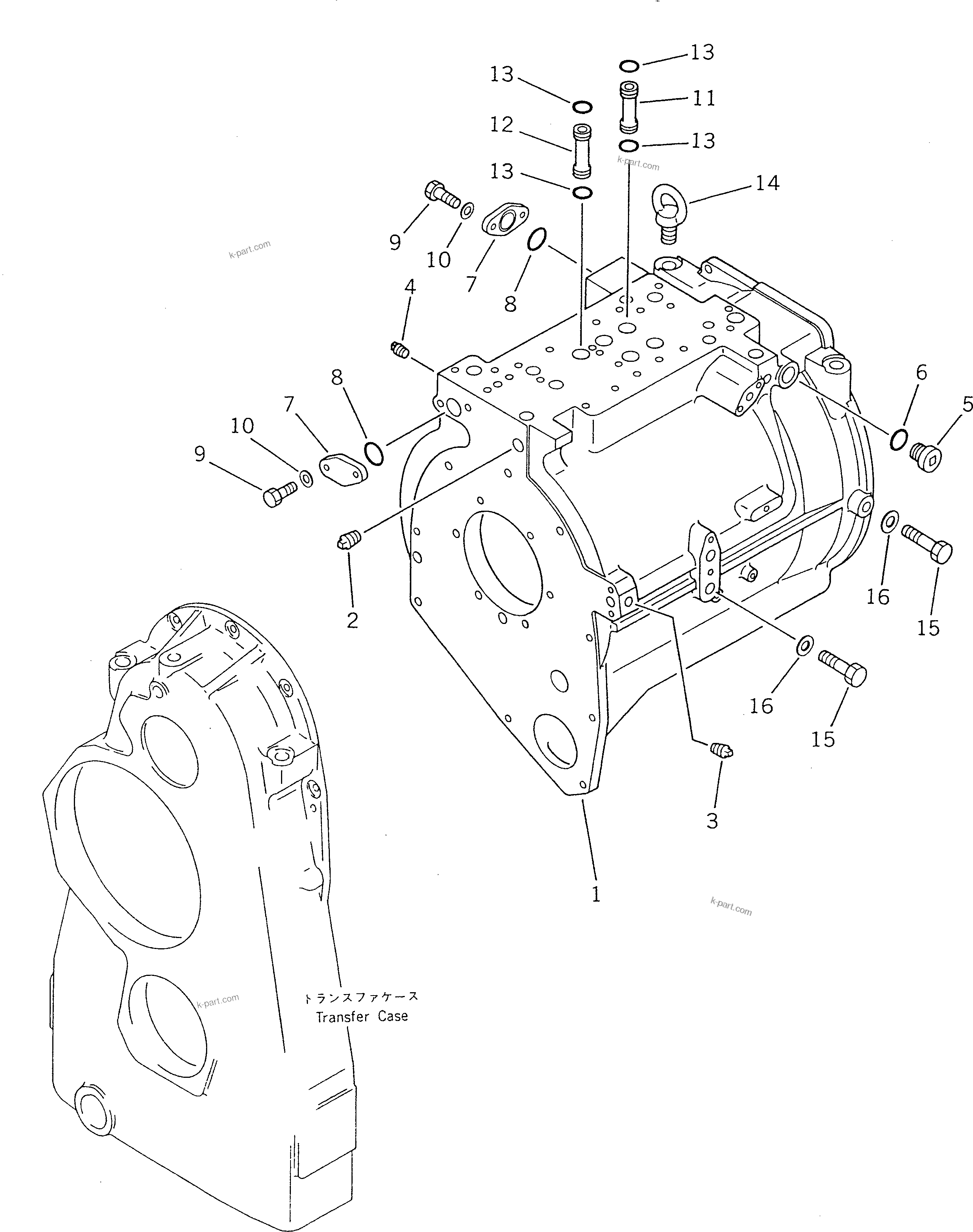 Komatsu parts book diagram for WF450T-1 S/N 10001-UP: TRANSMISSION CASE (1/2)