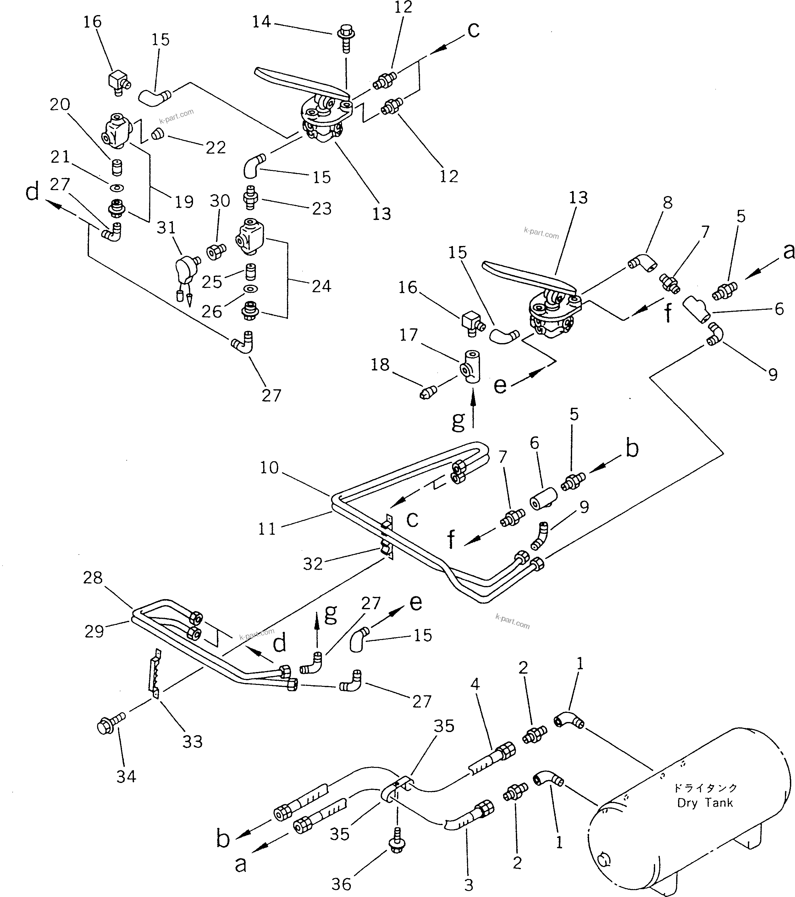 Komatsu parts book diagram for WF450T-1 S/N 10001-UP: AIR PIPING (DRY TANK TO TREADLE VALVE)