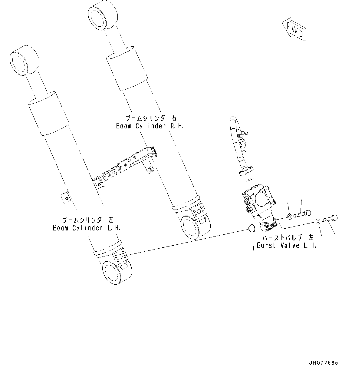 Komatsu parts book diagram for PC190NLC-8 S/N K50001-UP: BURST VALVE CIRCUIT, 2-PIECE BOOM, BURST VALVE, FOR BOOM CYLINDER, LHS (2/2)